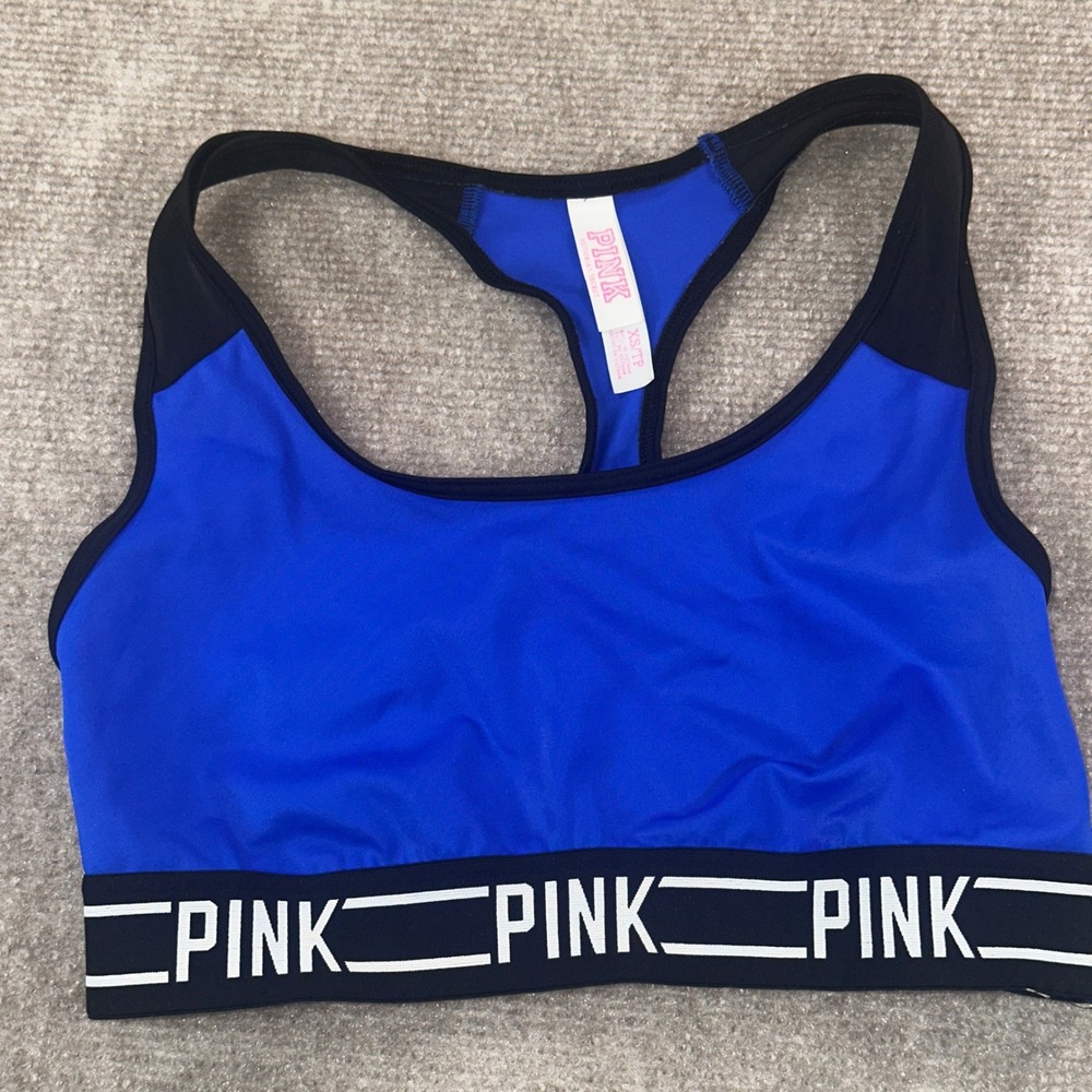 Victoria's Secret PINK Sports Bra Cobalt Blue Racerback Logo Band XS TP